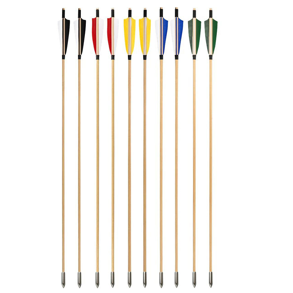 32-Inch Traditional Wooden Arrows with 5" Shield Feathers (12pcs)